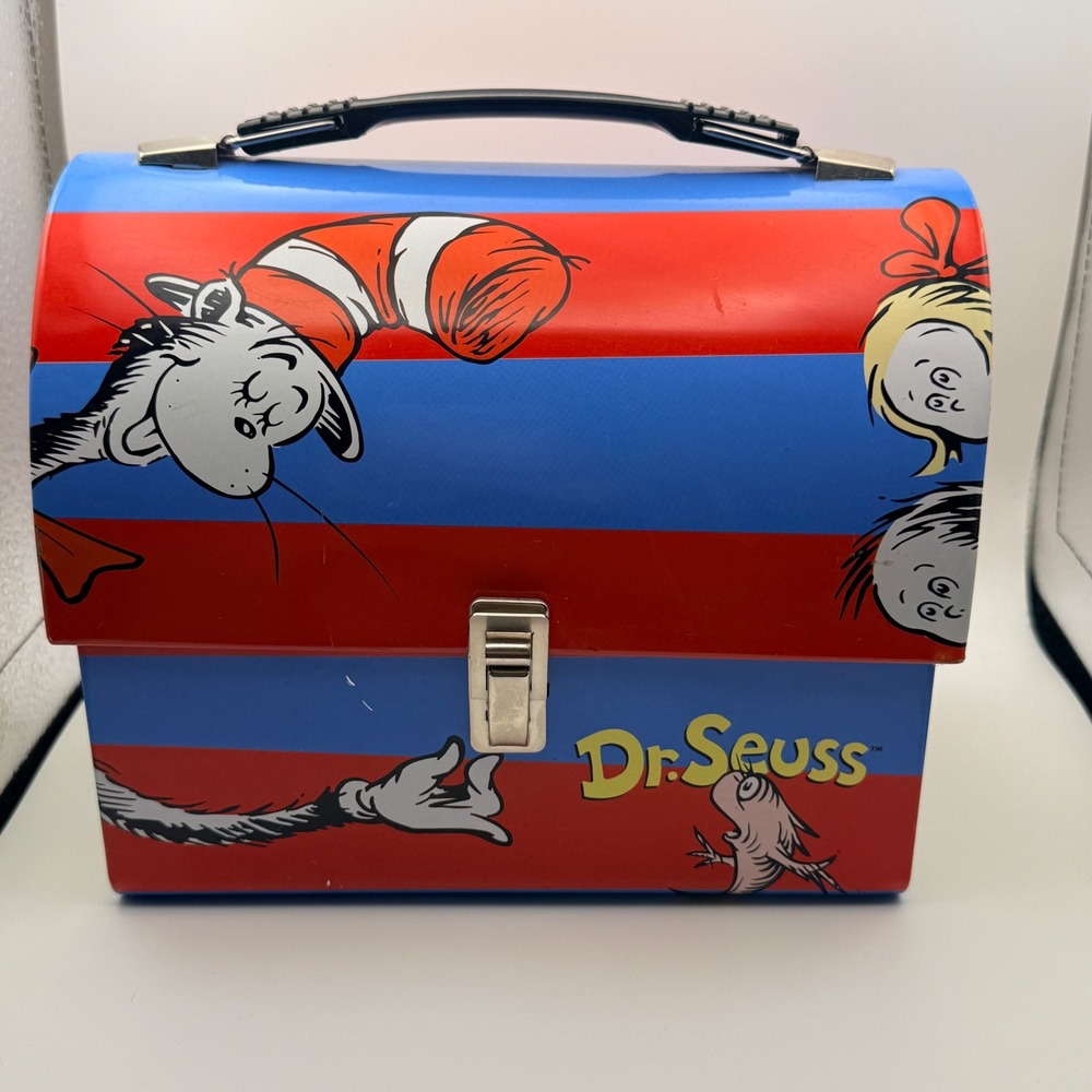 Dr Seuss The Cat in the Hat Metal Lunch Box Dome Top Tin Tote Red Blue Striped